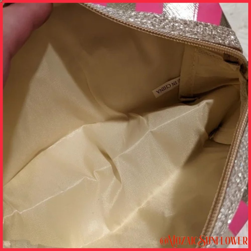 NEW WITH PACKAGING GOLD AND PINK STRIPE MAKE UP BAG - Picture 2 of 6